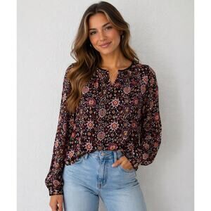 LOFT Women's Floral Print Blouse - Black and Red size small